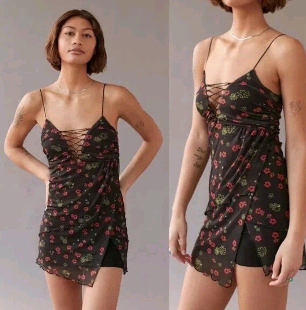 Urban Outfitters Bright Side Lace Up Mini Dress Black Floral Print M Dark Fairy - Picture 2 of 16